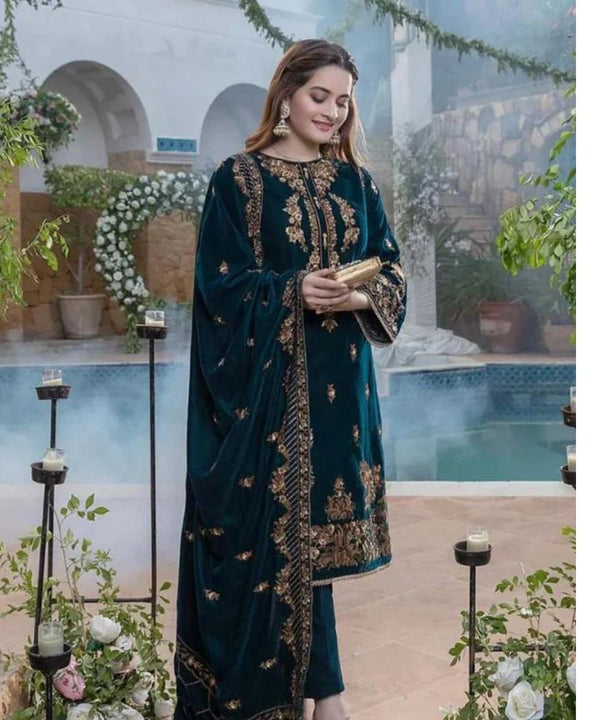 Azure Velvet 3PC Embroidered Suit with Velvet Dupatta – ZB950