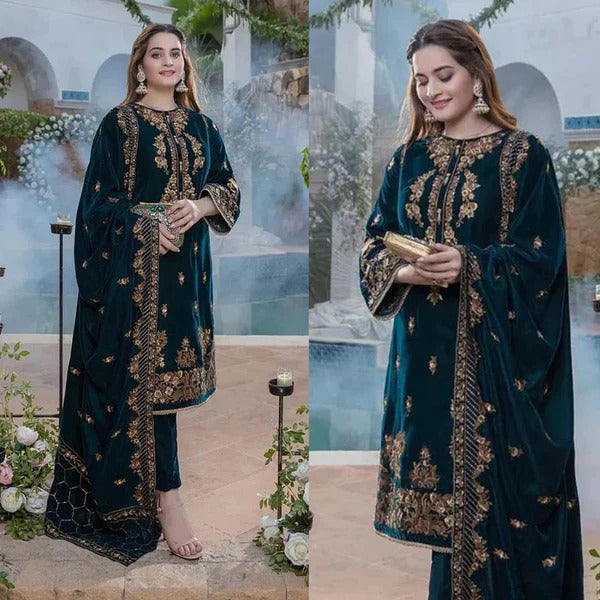 Azure Velvet 3PC Embroidered Suit with Velvet Dupatta – ZB950