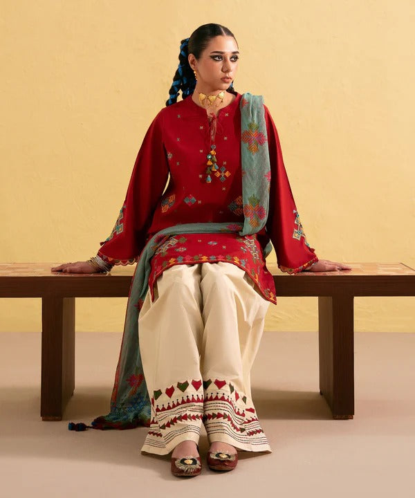 Dhanak Embroidered 3-Piece Suit with Digital Printed Wool Shawl – ZB3437