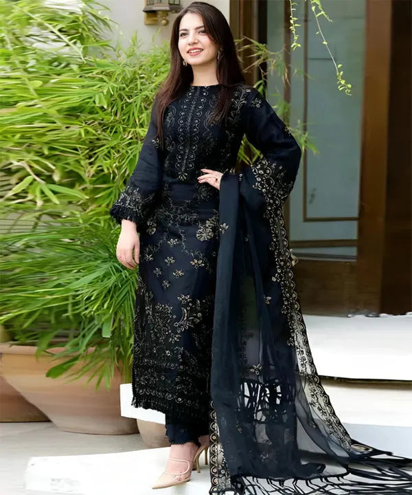 Black Linen 3-Piece Embroidered Ensemble – ZB842