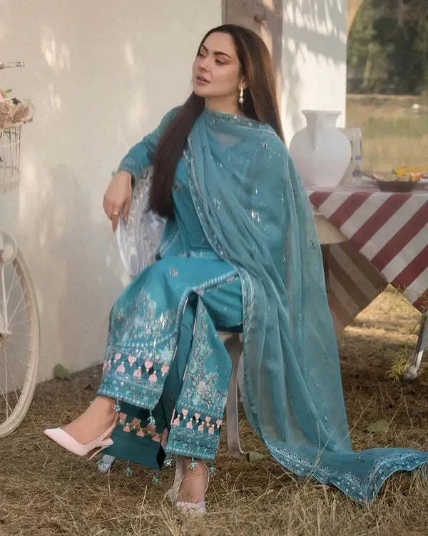 Dhanak Embroidered 3-Piece Suit with Chiffon Dupatta – ZB3276