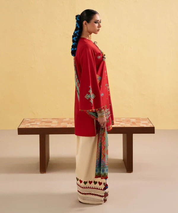 Dhanak Embroidered 3-Piece Suit with Digital Printed Wool Shawl – ZB3437