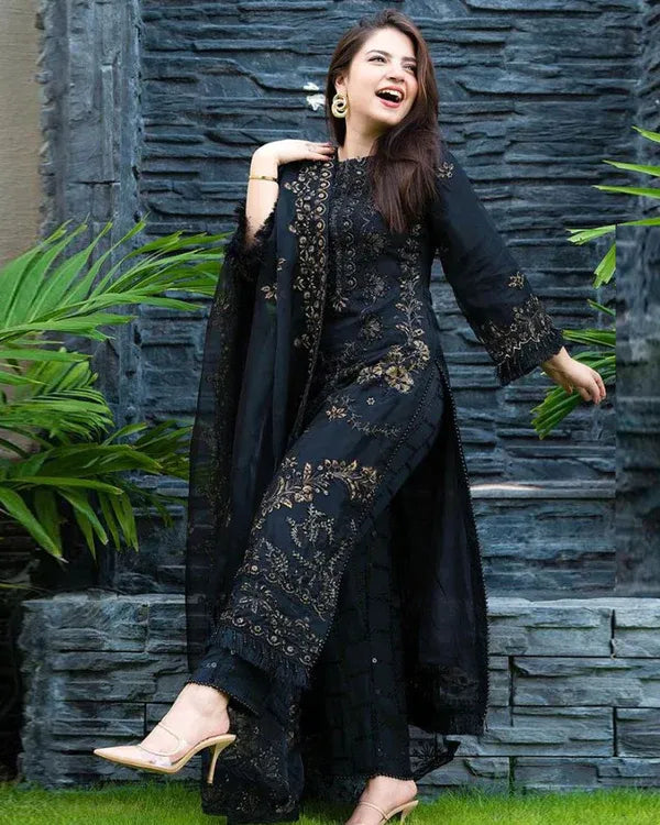 Black Linen 3-Piece Embroidered Ensemble – ZB842