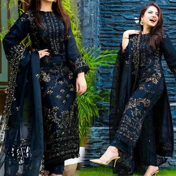 Black Linen 3-Piece Embroidered Ensemble – ZB842