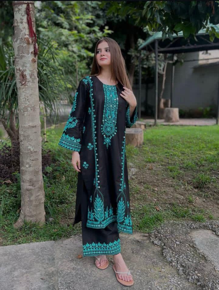 2 Piece Soft Cotton-Embroidered ( Unstitch)